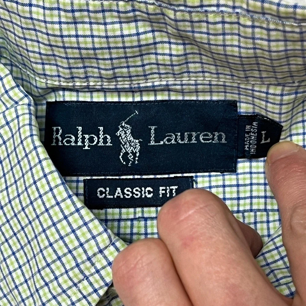 Ralph Lauren Button Down Mens Large Green Blue Classic‎ Fit Short Sleeve Plaid